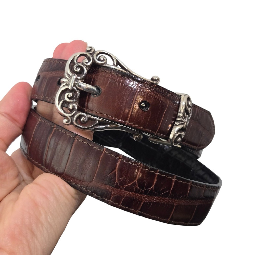 Brighton Belt Sz 30 Reversible Croc Embossed Leather Brown Black Silver Filigree